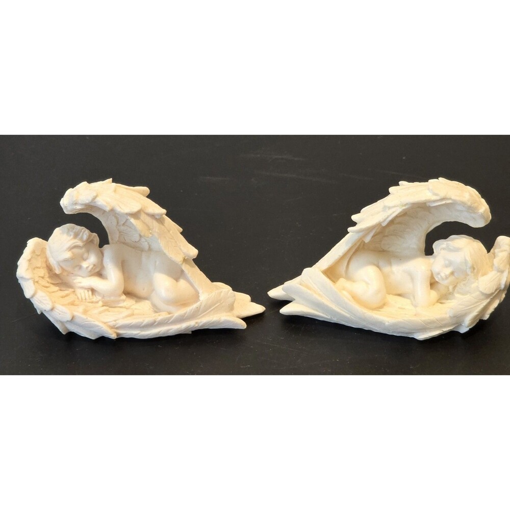 Pair Sleeping Cherub Angel Baby Figurines Resin Wings Memorial Decor